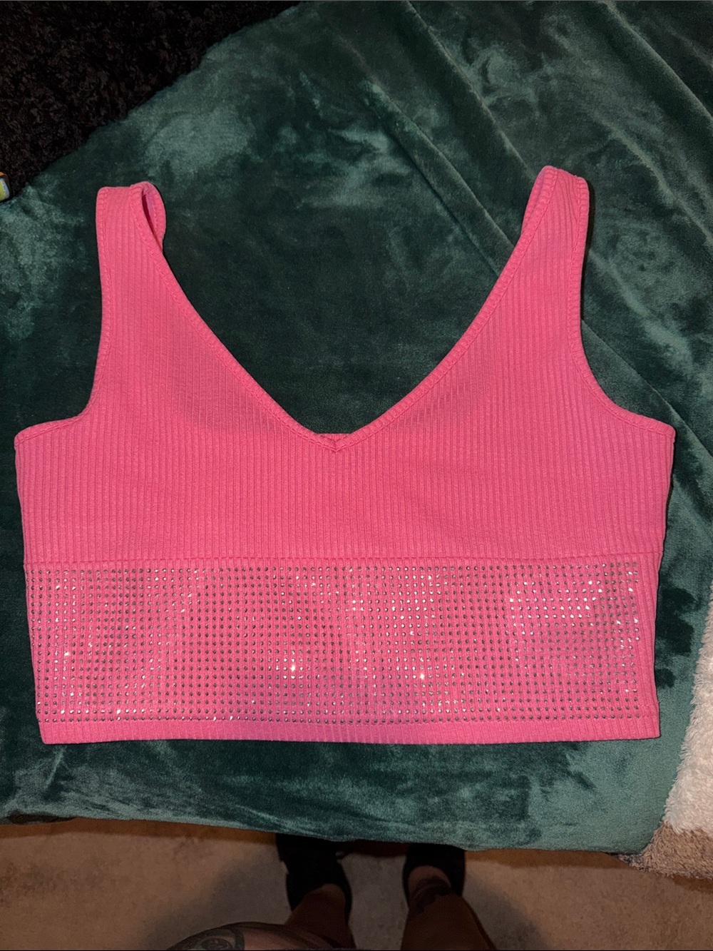 SHEIN Hot Pink Rhinestone Ribbed V-Neck Crop Tank